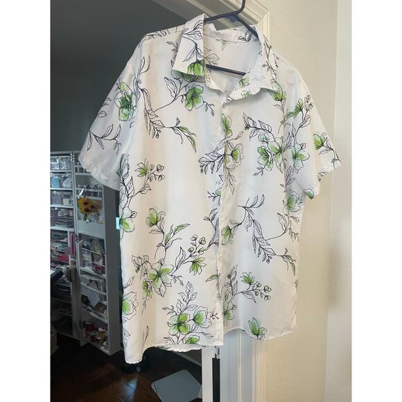 Men’s Floral Button-Up Shirt XXL White Green  Flowers Casual Lightweight Summer - Picture 3 of 6